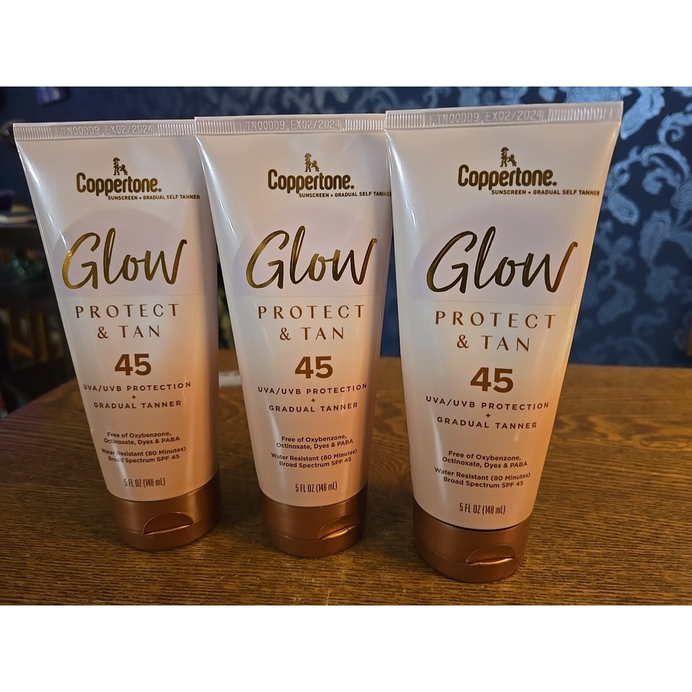 Coppertone Glow Protect and Tan Sunscreen SPF 45,‎ 5 fl Oz EXP 02/2024 (3 Pack)